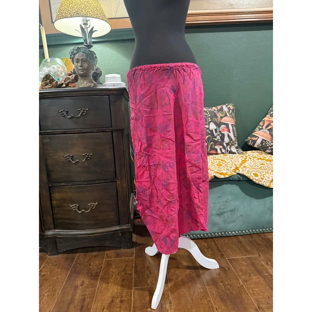 Click by Color Me Cotton Pink Purple Abstract Handkerchief Hem Midi Skirt Vintag